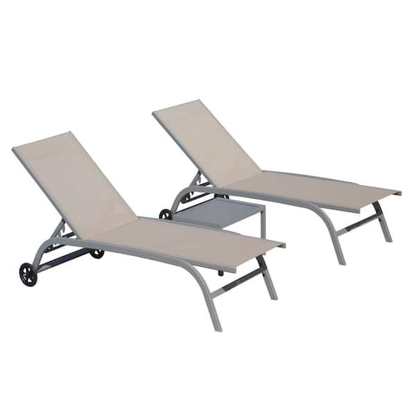 Unbranded 3-Piece Metal Outdoor Chaise Lounge in Khaki with Wheels and Adjustable Backrest