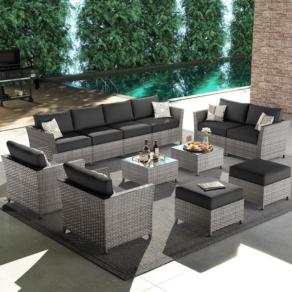 XIZZI Huron Gorden Brown 12-Piece Wicker Outdoor Patio Conversation Sectional Sofa Set with Black Cushions