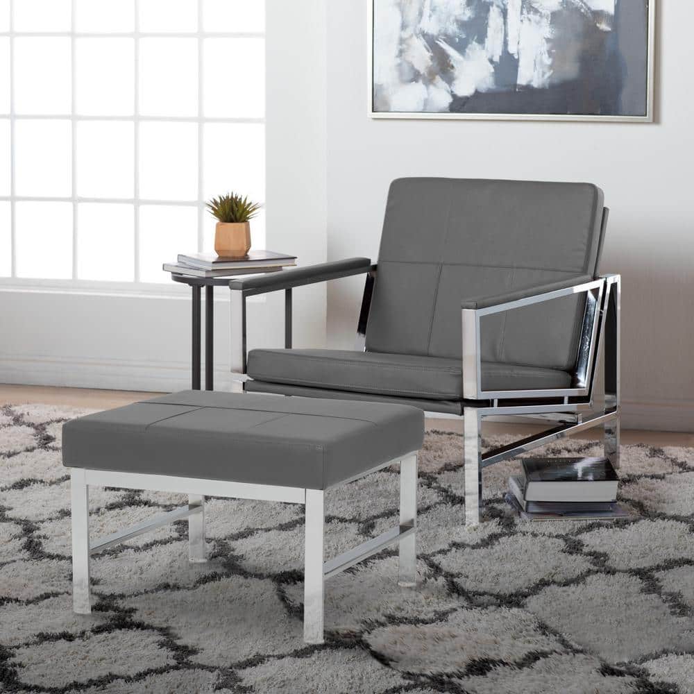 Studio Designs Home Atlas Chrome/Smoke Bonded Faux Leather Upholstery Rectangle Footstool Medium Ottoman