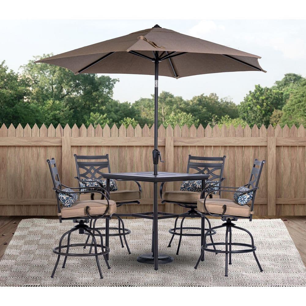 Montclair Modern 5-Piece Outdoor High-Dining Set with Swivel Chairs and Umbrella in Tan