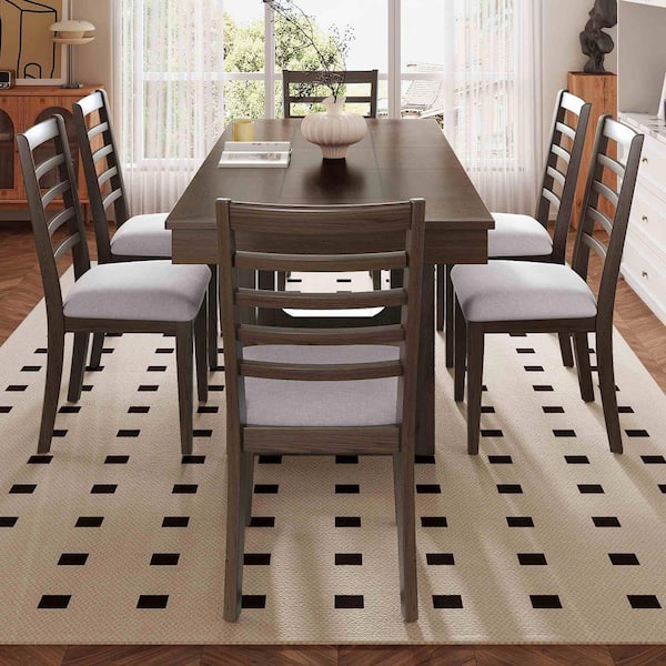 7-Piece Rectangular Extendable Brown Wood Top Dining Table Set Seats 6 with Rustic Table and 6 Upholstered Chairs