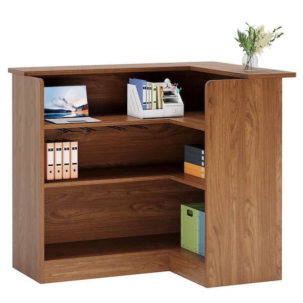 Moronia 51.18 in. L-Shaped Brown Wood Reception Desk Front Desk Checkout Retail Counter Table with Storage Shelves