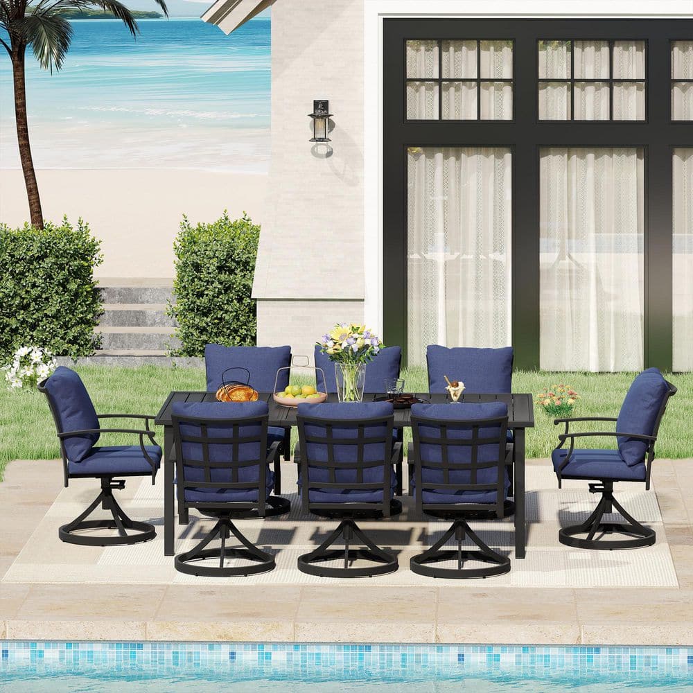 Verdant Cove 9-Piece Black Metal Outdoor Dining Set with Rectangular Table, 8 Swivel Dining Chairs and Blue Cushions price history on PriceWatchPro