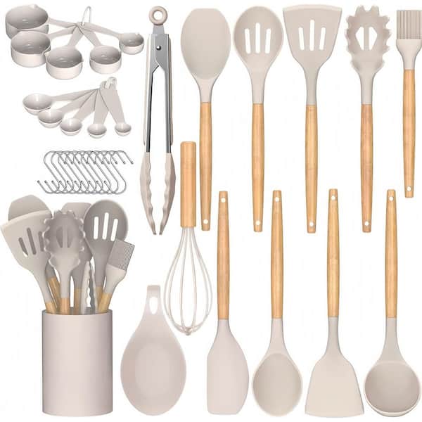 Silicone Utensil Set with Non-Stick and Wooden Handle for Cooking, Baking, and General Kitchen Tasks, Khaki (33-Pack)