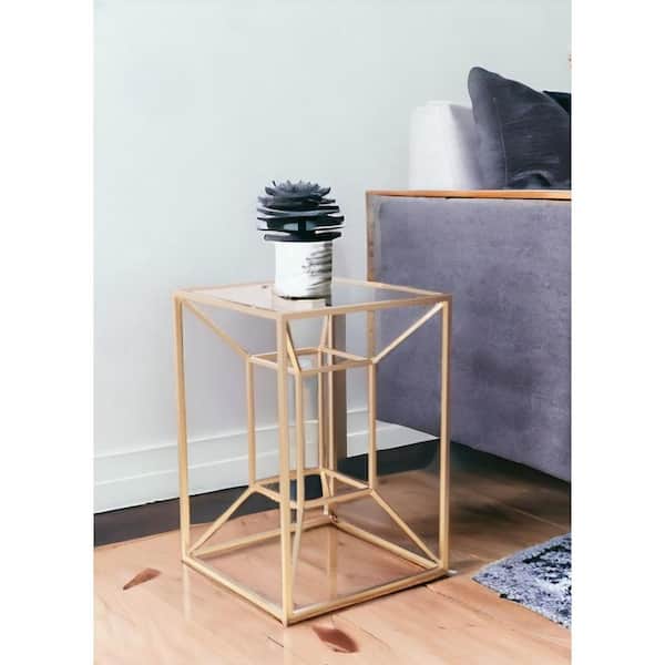 HomeRoots 15.9 in. Gold Square Glass End Table