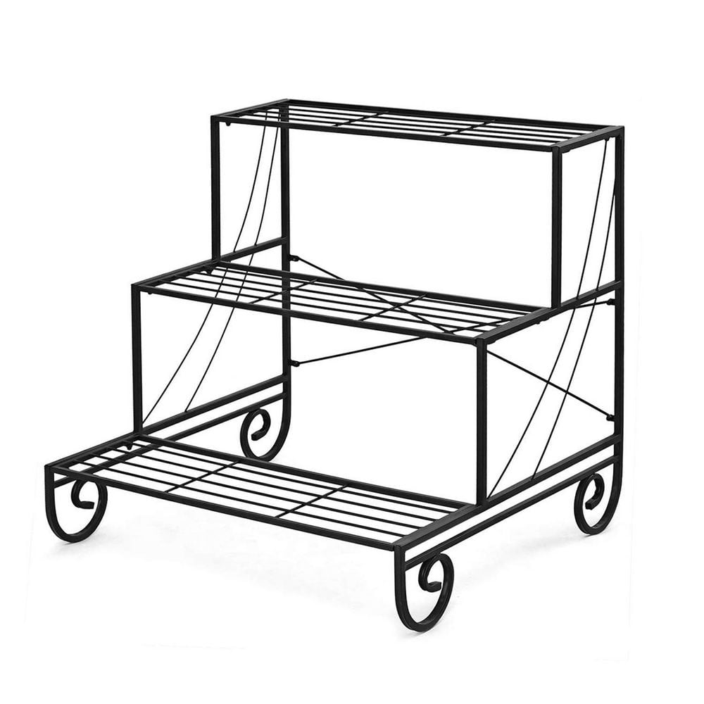 Alpulon Black Outdoor Metal Plant Stand Garden Shelf Stair Style Decorative (3Tier) ZY1C0499
