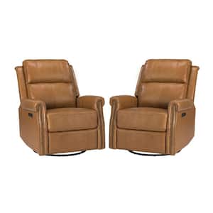 Kaletan Traditional Camel Genuine Leather Power Sliding and Rocking Swivel Recliner Nursery Chair Set with Rolled Arms