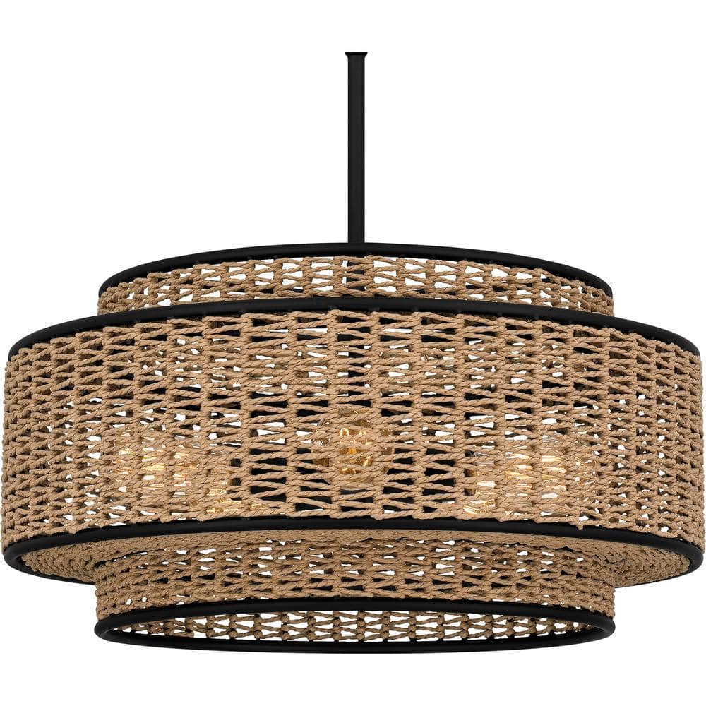 Matte Black and Natural Rope Drum Pendant Light, 5-Light