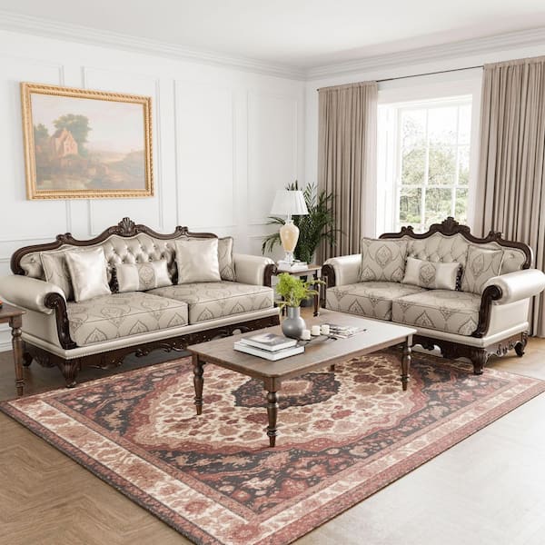Noel 2-Piece Dark Chery and Beige Polyester Living Room Set