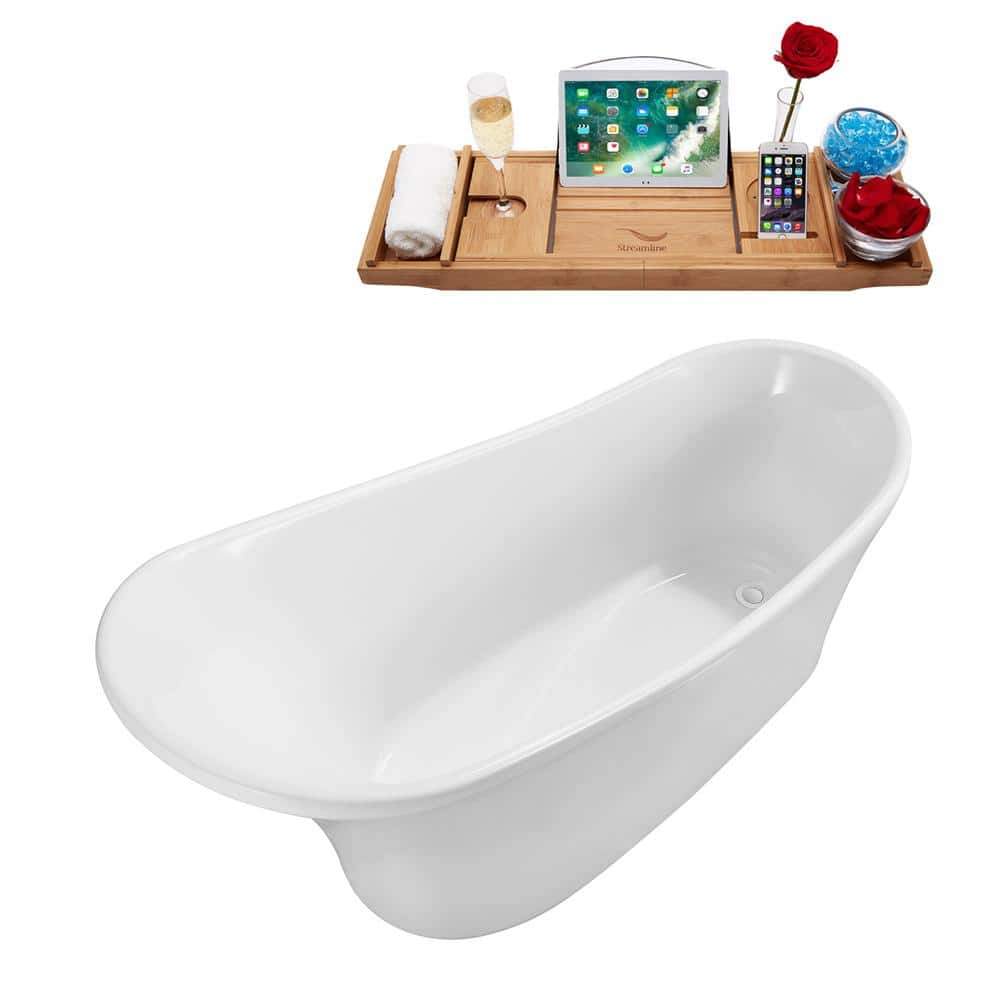 59" Glossy White Acrylic Freestanding Soaking Tub with Bamboo Tray