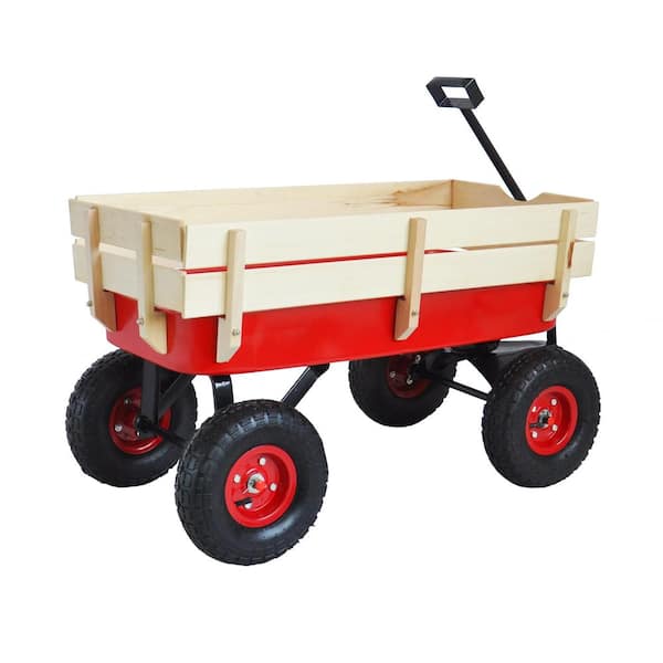 JimsMaison 3 cu. ft. Metal Wood Red Garden Cart with Air Tires, Adjusted handle and Detachable Wood Fence