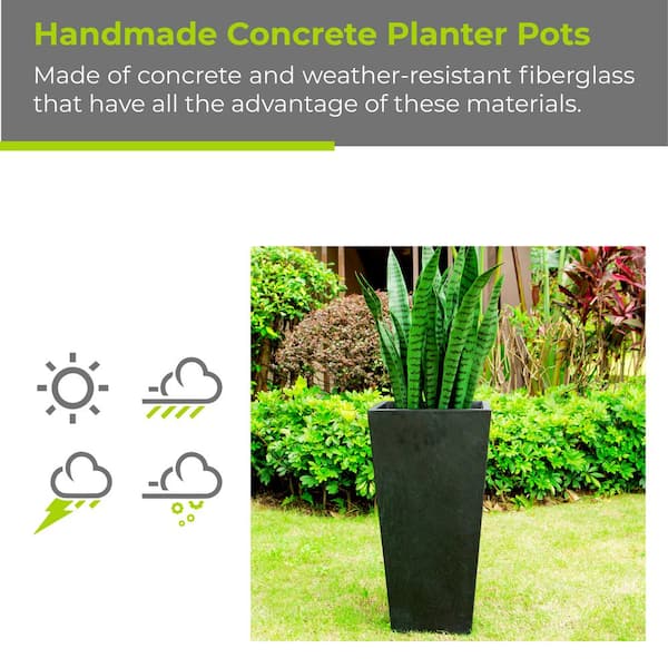 24.4 in. Tall Burnished Black Lightweight Concrete Rectangle Modern Tapered  Outdoor Planter