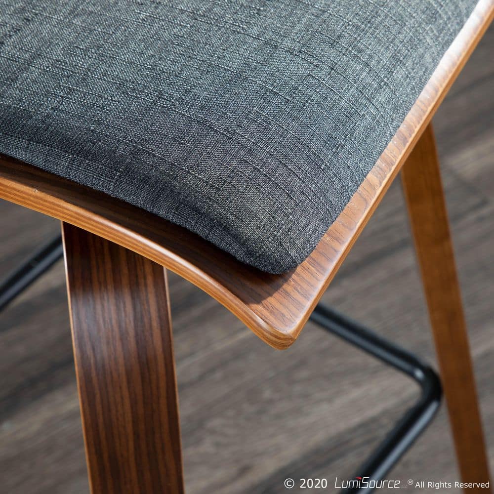 Set of 2 Charcoal Upholstered Folia Mid-Century Modern Walnut Barstools