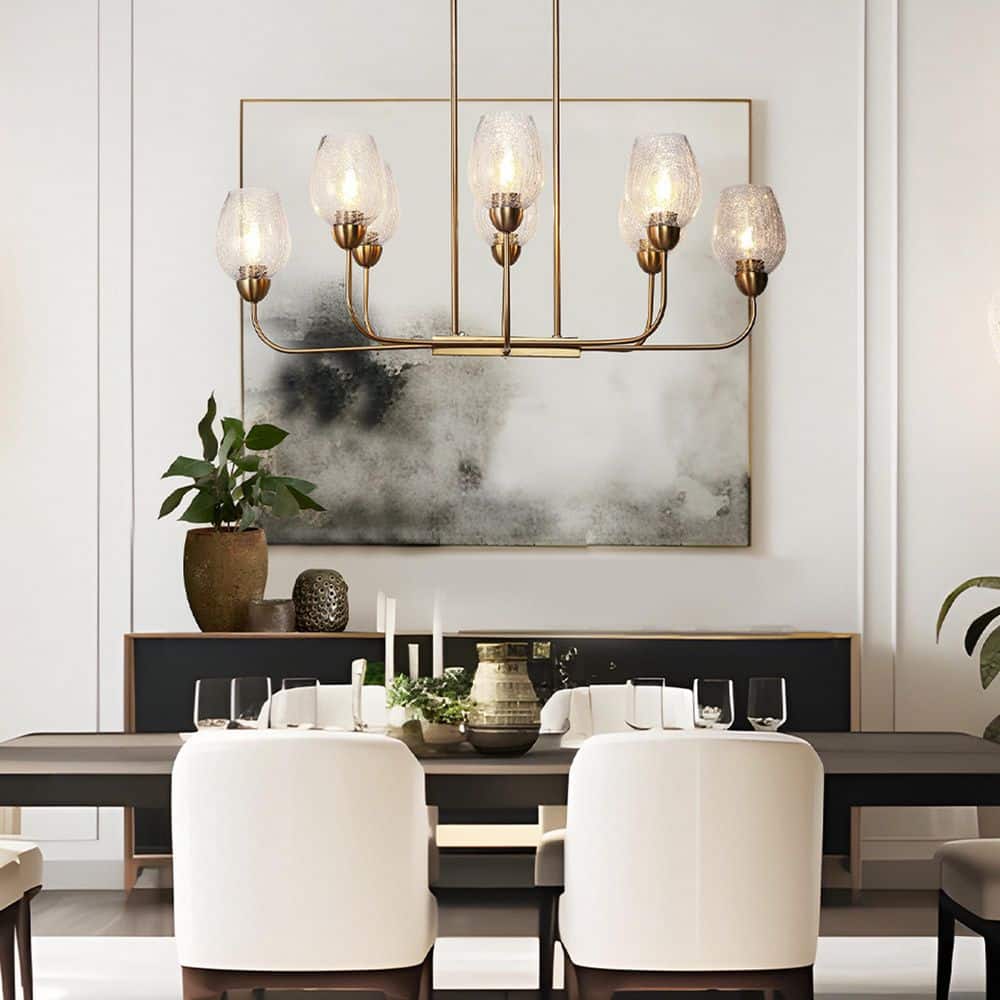 Gold Brass 8-Light Chandelier with Crackled Glass Shades
