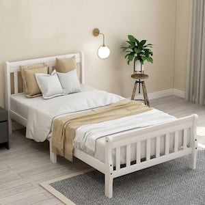 White Twin Size Wood Platform Bed with Headboard, Footboard and Wood Slat Support