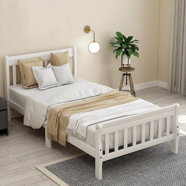 White Twin Size Wood Platform Bed, White Wood Twin Headboard