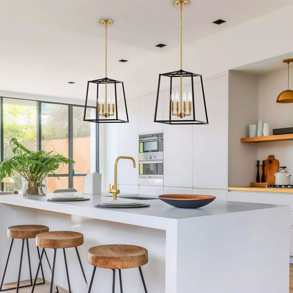 Bellevue 15.5" Geometric Black Metal Cage Chandelier with Brass Accents