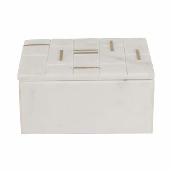 Liv & Skye White 6 in. x 3 in. Modern Stone Decorative Box with Brass Inlay