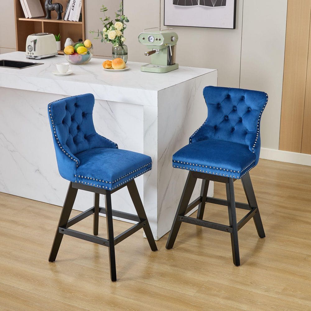 38.4 in. H Blue Curved Low Back Wood Frame Bar Stool with Fabric Seat and Chrome Nailhead Trim Set of 2 price history on PriceWatchPro