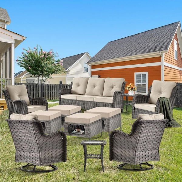 kuurfuurdo Gray 11-Piece Rattan Steel Patio Conversation Seating Sofa Set Swivel Rocking Chairs Ottomans with Beige Cushions