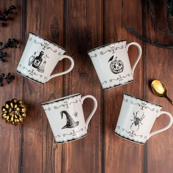 222 Fifth Elegant Haunting 4-Piece White Porcelain Halloween Mug Set - Witch Hat, Jack-o-Lantern, Potion Bottles & Spider - 20.29 oz