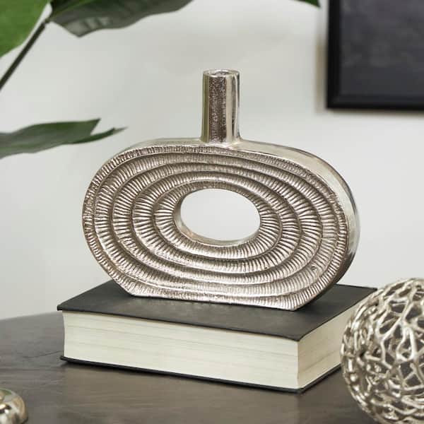 Litton Lane 10 in. Silver Circular Aluminum Metal Geometric Decorative Vase with Linear Etchings