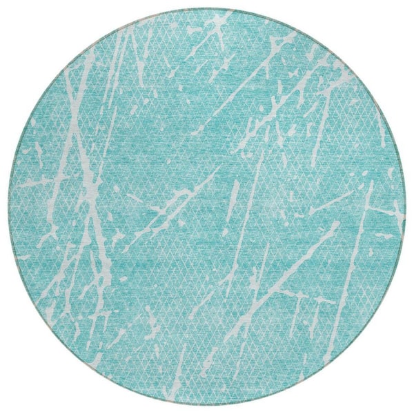 HomeRoots Teal Blue, Ivory 8 ft. Round Woven Abstract Polyester Round Indoor/Outdoor Area Rug