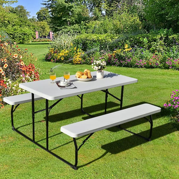54 in. W White Rectangle Steel Folding Picnic Table Seats 4 People with Wood-like Texture