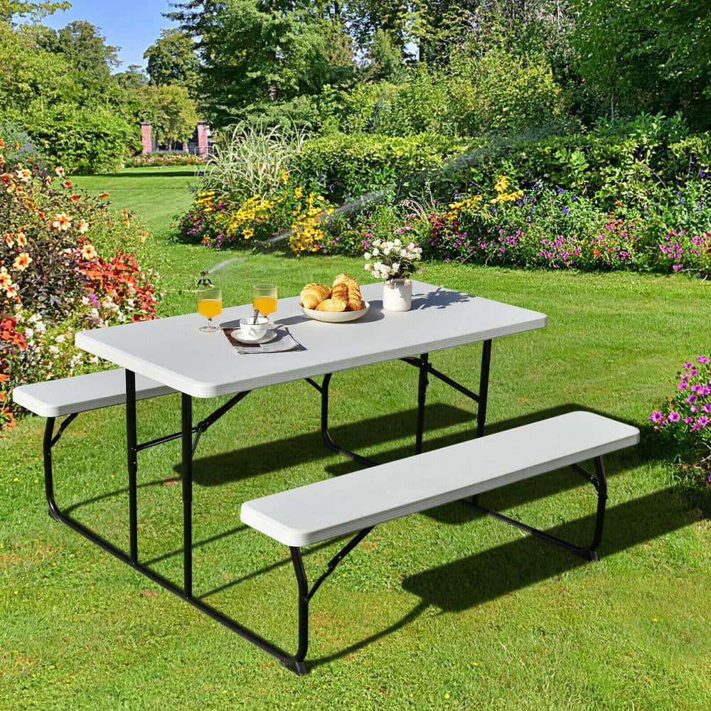 54 in. W White Rectangle Steel Folding Picnic Table Seats 4 People with Woo