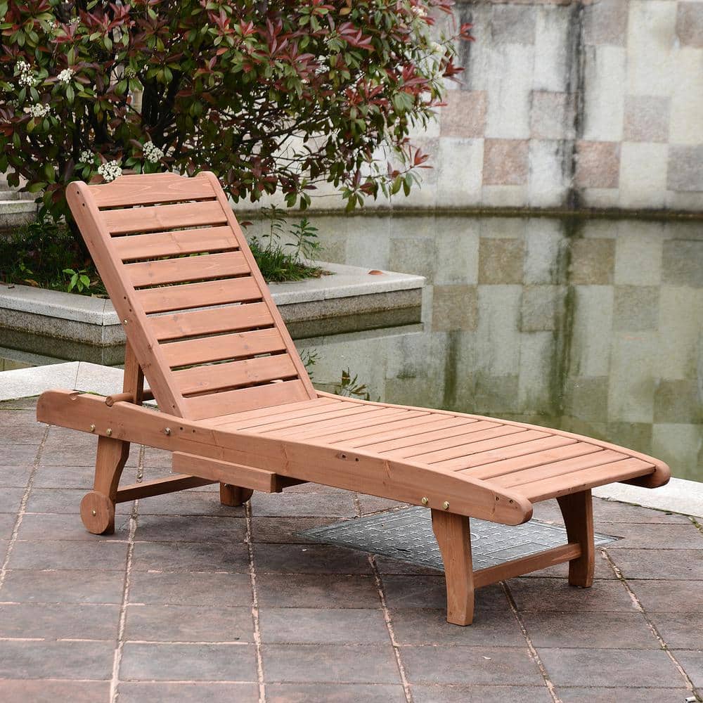 Red Wood Look Outdoor Chaise Lounge with Pull-Out Tray