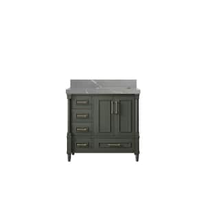 Hudson 36 in. W x 22 in. D x 36 in. H Right Offset Sink Bath Vanity in Pewter Green with 2 in. Piatra Gray Quartz Top