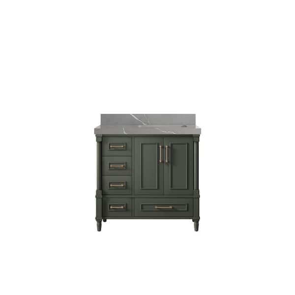 Willow Collections Hudson 36 in. W x 22 in. D x 36 in. H Right Offset Sink Bath Vanity in Pewter Green with 2 in. Piatra Gray Quartz Top