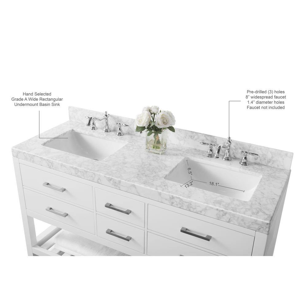 Elizabeth 60" White Wood Bathroom Vanity Set with Marble Top
