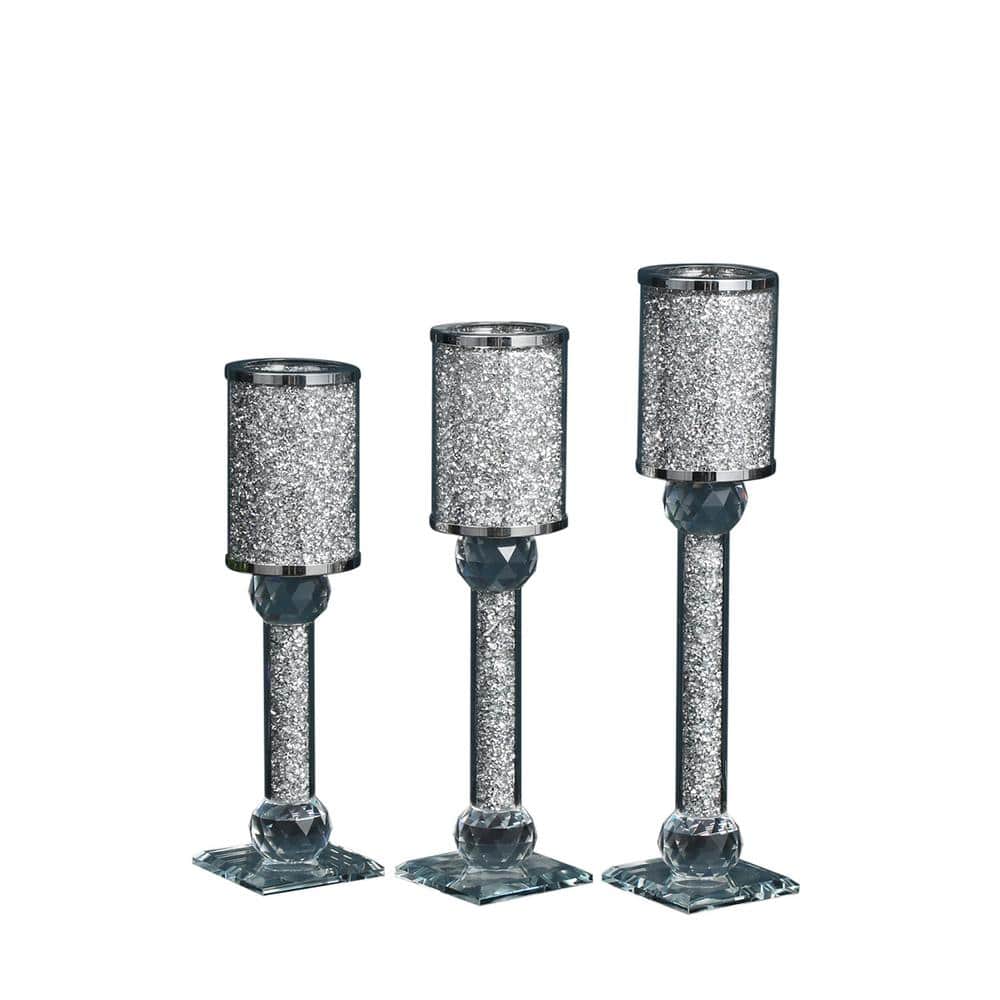 New Seller Exquisite 3 Piece Silver Glass Candle Holder Set