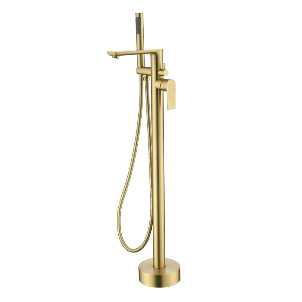 Brushed Gold Freestanding Tub Filler Faucet with Handheld Shower