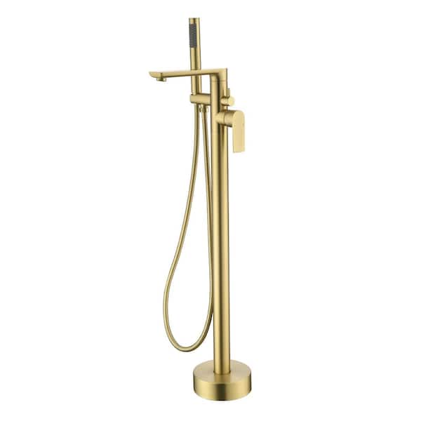 UKISHIRO Kafir Singe-Handle Floor Mount Freestanding Bathtub Faucet Filer with Hand Shower in Brushed Gold