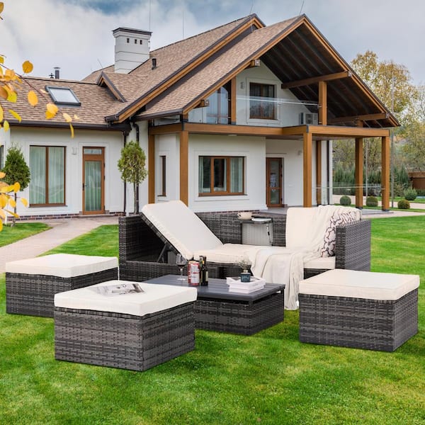 Unbranded Grey 5-Piece Rattan PE Wicker Outdoor Patio Sectional Set Lounger Sofa with Beige Cushions and Plywood Coffee Table