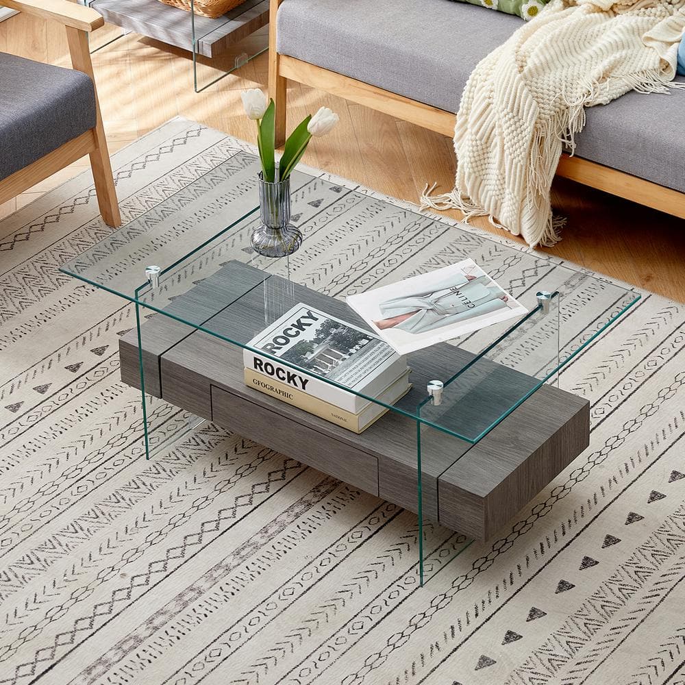 Magic Home 38 in. Tempered Glass Storage Coffee Table Dual Shelves Tea Table with Drawer for Bedroom Living Room, Transparent, Gray