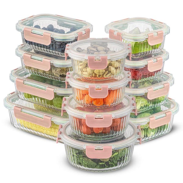 12 Fluted Glass Storage Containers With Leakproof Lids Pink
