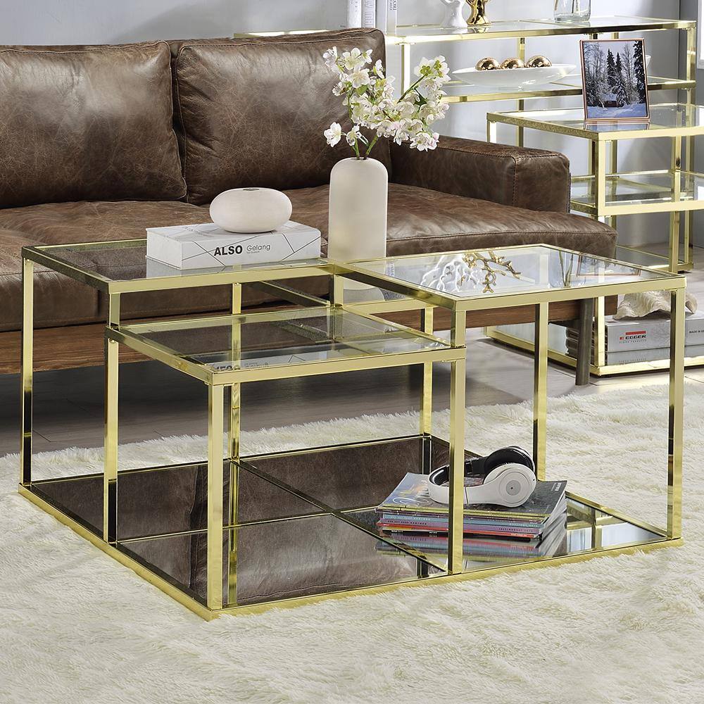 34" Clear Glass and Gold Square Coffee Table