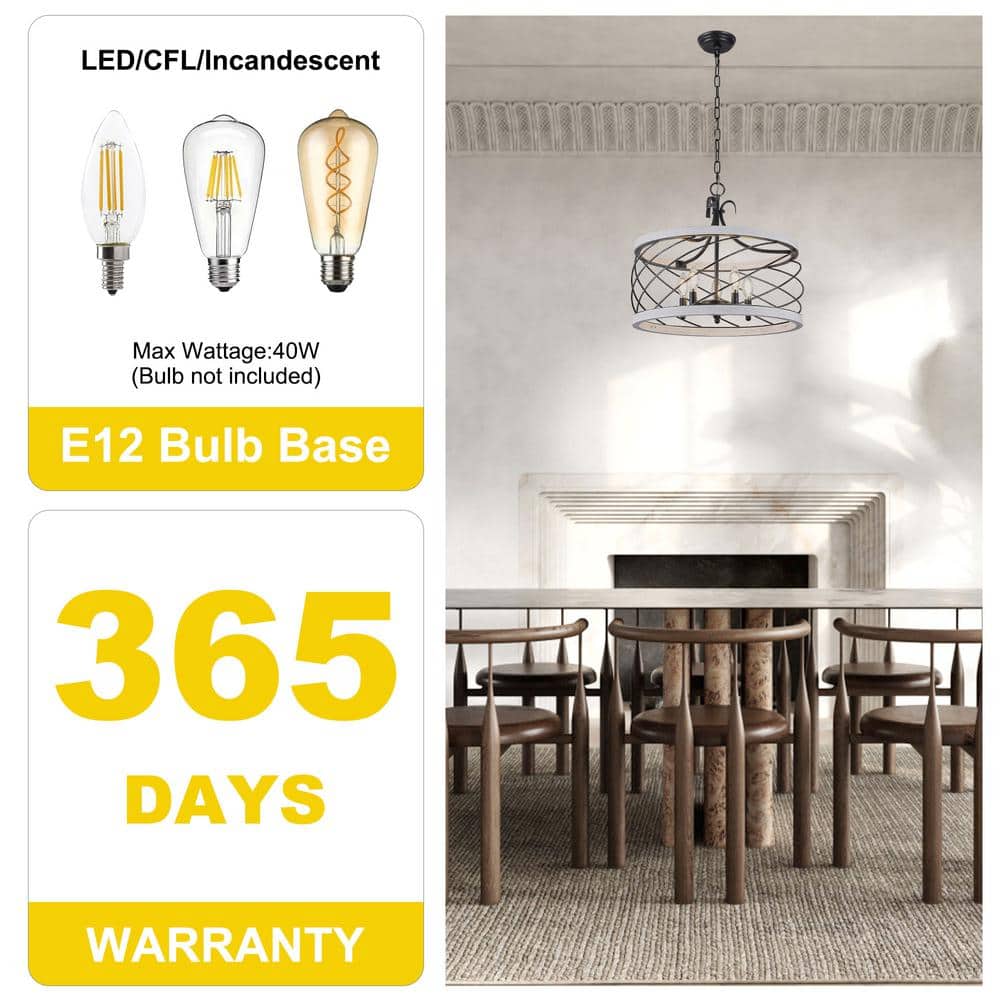 Distressed White and Black Wood Drum Chandelier with Adjustable Chain