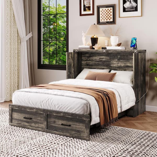 Rustic Gray Wood Frame Full Size Murphy Bed with Charging Station, Drawer