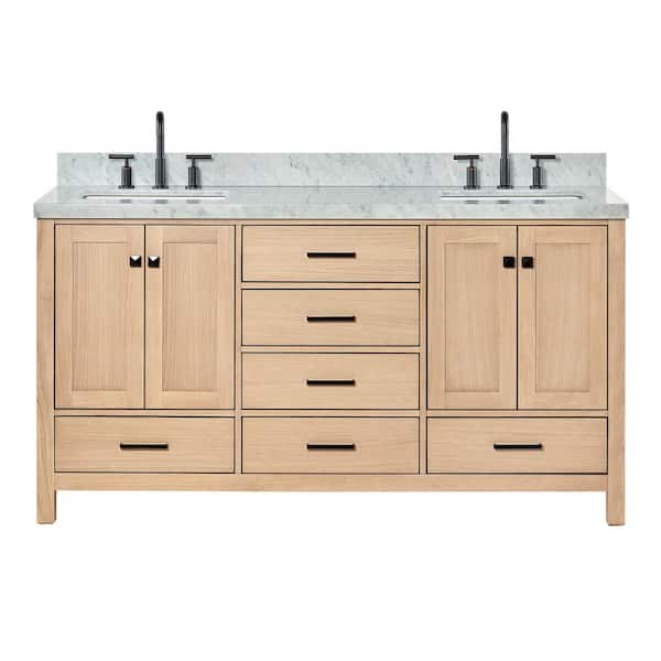 Cambridge 67 in. W x 22 in. D x 36 in. H Double Freestanding Bath Vanity in Oak with Italian Carrara Marble Top