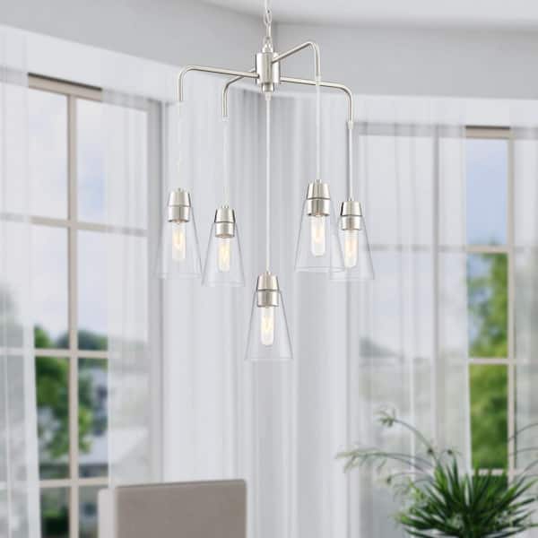 Designers Fountain Echo 5-Light Satin Platinum Modern Geometric Chandelier for Dining Areas with No Bulbs Included