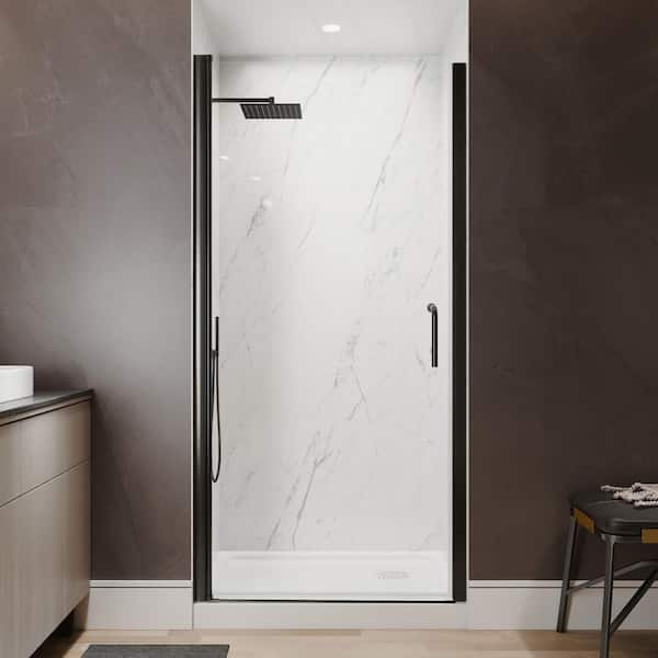 Victoria 36 to 38 in. W x 72 in. H Pivot Swing Frameless Shower Door in Matte Black with Clear Glass