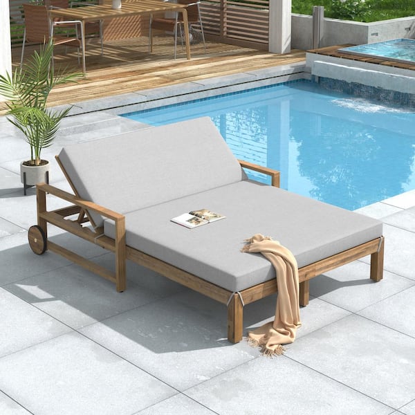 Harper & Bright Designs Wood Outdoor Chaise Lounge Day Bed with Adjustable Backrest and Gray Cushions