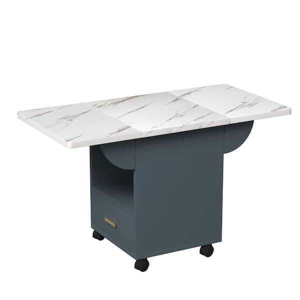 Blue Marble Texture Tabletop 39.4 in. Kitchen Island on 4 Wheels with Folding Table, Storage Rack and 1 Drawer