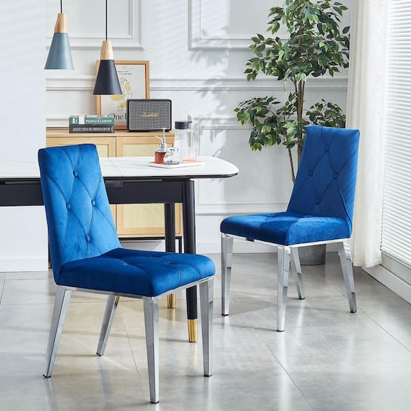 blue kitchen and dining chairs with velvet upholstery