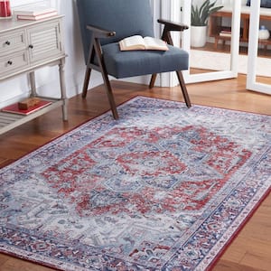 Tuscon Red/Navy 6 ft. x 6 ft. Machine Washable Floral Square Area Rug