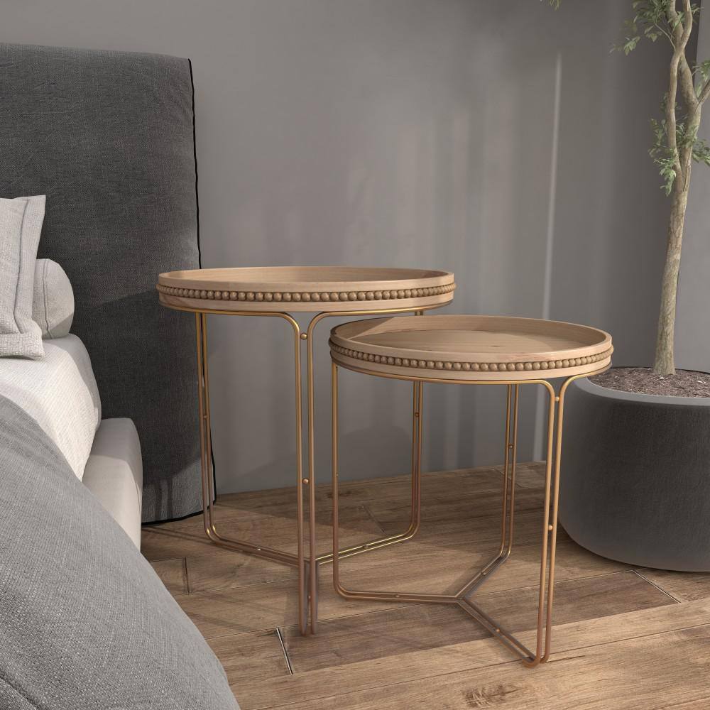Round Light Brown Wood and Gold Metal Nesting Tables Set